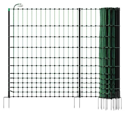 Produktbild von Elektronetz für Hühner und Geflügel, 50m, 112cm, Gartenzaun, Auslaufgehege, Grün, 20 Pfähle, Fiberglaspfähle
