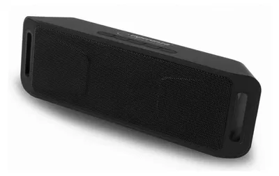 A black portable speaker shown at an angle on a white background.