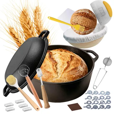 Productafbeelding van Gietijzeren pan brood bakken 26 cm, rijsmand brood set