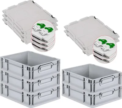 Produktbild von SuperSparSet 5x Eurobox NextGen Grip mit Scharnierdeckel und grünen Schiebeschnappverschlüssen | HxBxT 12x30x40cm | 11 Liter | Grau | Griffe geschlossen | Glatter Boden | Eurobehälter, Transportbox, Transportbehälter, Stapelbehälter