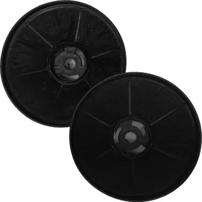 Two black circular carbon filters for a range hood.