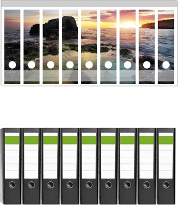 Produktbild von Wallario 9 Stück breite Ordner inkl. Klebeetiketten mit Motive Felsige Küste bei Sonnenuntergang -  Set mit Rückenschildern / Ordnerrücken Stickern