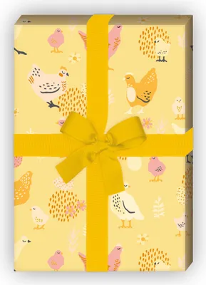 Produktbild von Lustiges Hühner Geschenkpapier mit Küken und Eiern, gelb - G11638, 32 x 48cm