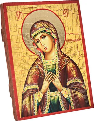 Produktbild von Siebenpfeilige Gottesmutter, Christliche Holz Ikone 16x12,5cm Handarbeit 37024