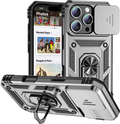 Immagine prodotto di Custodia per iPhone 16 Pro Max a doppio strato con copertura scorrevole della fotocamera e supporto ad anello Argento