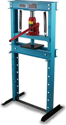 A blue hydraulic workshop press with a red hydraulic jack is shown against a white background.