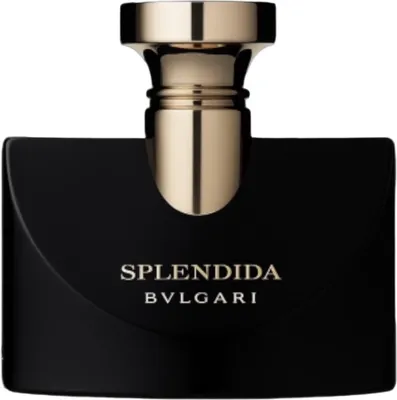 A product shot of a black perfume bottle with a gold cap and accents.
