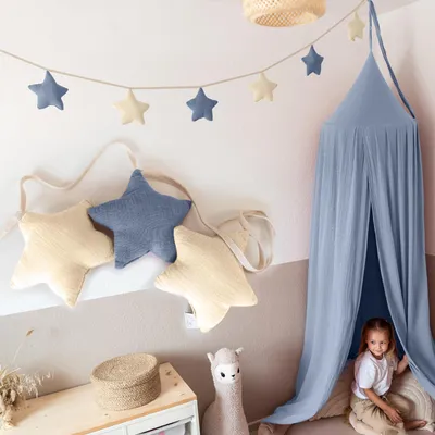 Productafbeelding van Sterrenslinger crème & blauw zonder gouden applicatie - stoffen slinger 3 m