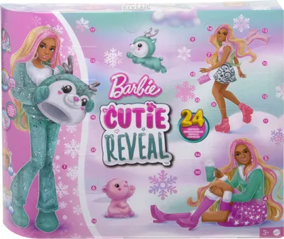 A Barbie Cutie Reveal Advent Calendar box with illustrations of Barbie dolls and winter-themed characters.