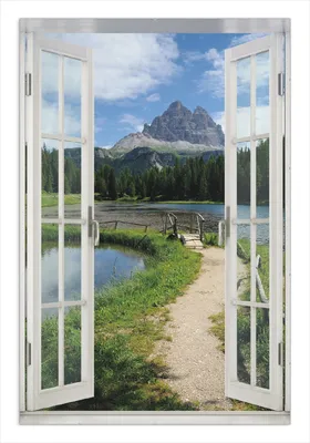 Produktbild von Wallario Wandbild mit Fenster-Illusion: See in Berglandschaft, Größe: 61 x 91,5 cm, Poster mit rahmenlosen Bildhalter