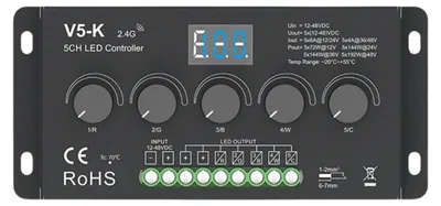 Produktbild von V5-K 5-Kanal LED Dimmer mit Drehreglern  und  Digitalanzeige – einfarbig bis RGBCCT, 12–48 V DC, je 6 A pro Kanal