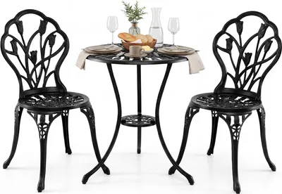 Produktbild von COSTWAY 3-tlg. Gartenmöbel Set, Bistrotisch mit 2 Stühle, Bistroset, Balkonmöbel aus Aluminiumguss, Balkonset, Gartengarnitur, Sitzgruppe, Schwarz