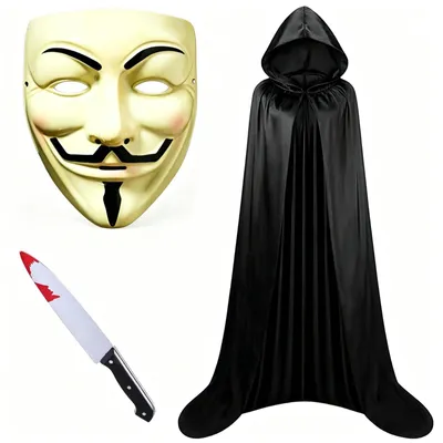 Halloween-Masken-Set: weiße Maske + schwarzer Umhang 170 cm