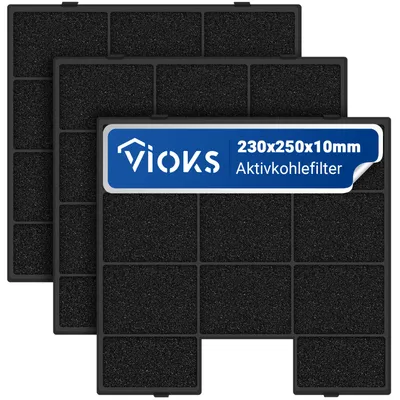 Three black activated carbon filters are stacked on top of each other, with a label on the front filter.