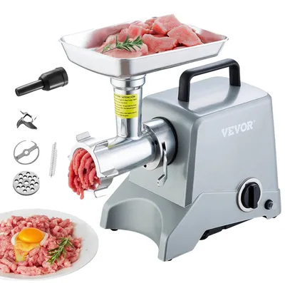 Obrázek produktu pro VEVOR elektrický mlýnek na maso 2,27 kg/min 575 W (max. 800 W) s nožem (4,5 mm) a mlecí deskou a nožem na plnění klobás a 3 trubkami, hliník