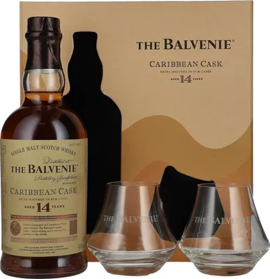Produktbild von The Balvenie 14 Years Old Caribbean Cask Finish 43% Vol. 0,7l in Geschenkbox mit 2 Gläsern