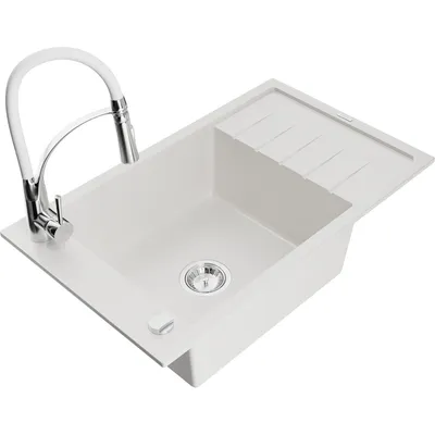 Obrázek produktu pro Mexen Elias 1-miskový granitový dřez s odkapávačem a kuchyňskou baterií Aster, Bílá - 6511-20-73450-02
