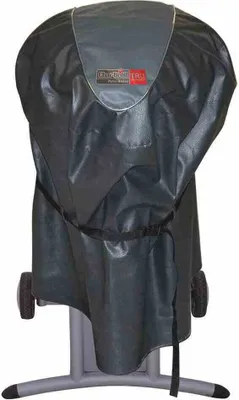 A black grill cover is shown on a stand.
