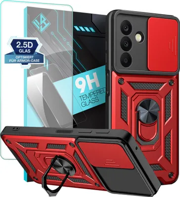 Produktbild von Armor Handyhülle für Samsung Galaxy A26 5G mit 9H Displayglas Displayschutz Kameraschutz Handy Panzer Case Cover Schutzhülle Outdoor Farbe: Rot