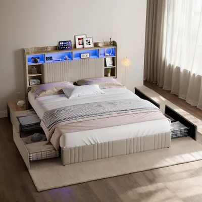 Immagine prodotto di Letto matrimoniale INONEFT 140x200 con spazio contenitore, design moderno, imbottito, con illuminazione LED, funzione di ricarica USB, letto per giovani con 4 cassetti, tessuto in lino, senza materasso, color beige