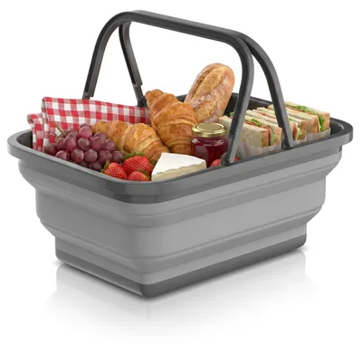 Produktbild von Bearware Einkaufskorb faltbar 10 l, Klappbox aus wasserdichtem Silikon, Picknickkorb mit flexiblen Griffen, Höhe von 17 auf 6,5 cm reduzierbar, für Kofferraum, schwarz grau