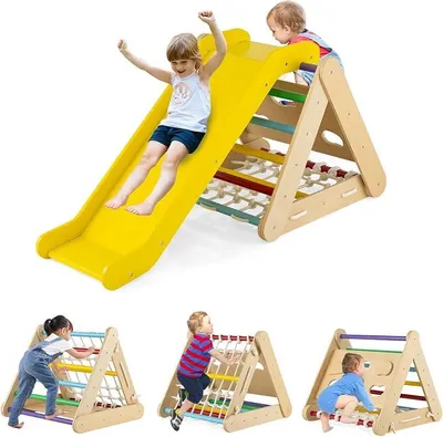 Imagen del producto de Estructura de juego triangular 3 en 1 con tobogán, escalera, red y plataforma para niños, juguete de madera para interiores apto para bebés a partir de 1 año, gimnasio triangular con rampa para habitación infantil (de colores)