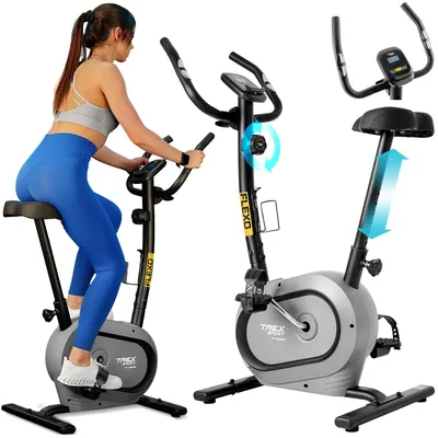 Produktbild von TREX SPORT Heimtrainer Fahrrad für Zuhause TX-450MB FLEXO | Fitnessbike mit 10 Stufen, LCD-Display, Bluetooth, Pulssensoren, bis 120 kg | Grau
