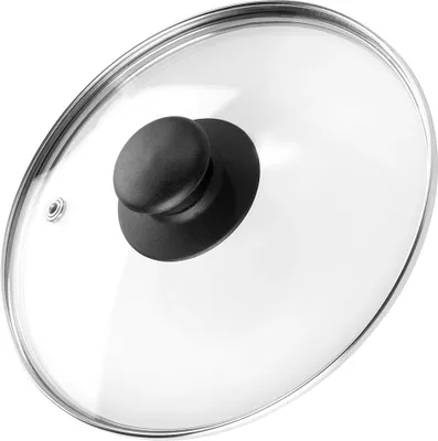 A close-up view of a glass pot lid with a black handle and a silver rim.