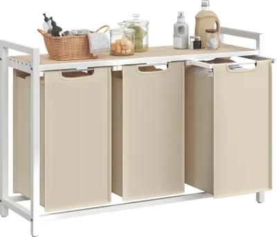 Produktbild von VASAGLE Wäschekorb 3 Fächer, Wäschesammler mit Ablage, Wäschebox, Wäschesack ausziehbar abnehmbar, 3 x 40 L, beige