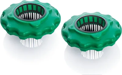 Two green floating plant pots for a garden pond.