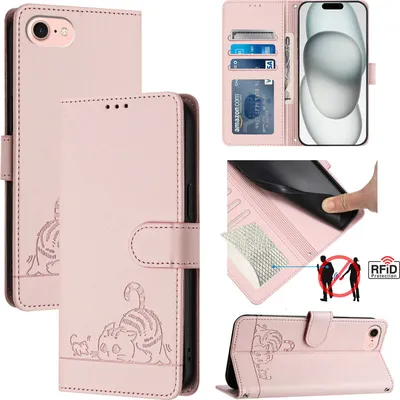 Produktbild von Leder Hülle für iPhone 8/7/6s/6/iPhone SE 2020/2022 Süße Katze Flip Case Brieftasche Schutzhülle mit Standfunktion Pink