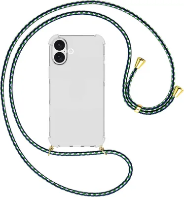 Produktbild von Handykette Backcover-Schutzhülle mit Band (Metall goldfarben) für iPhone 16 Plus - grün/blau/weiß