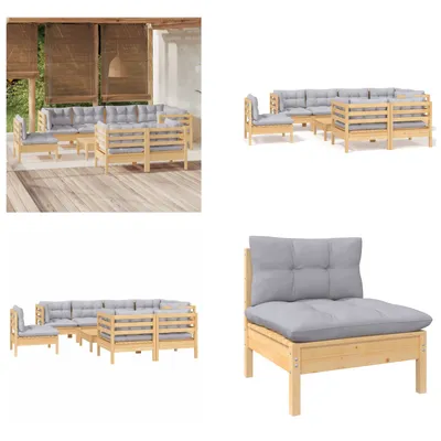 Produktbild von vidaXL 9 tlg. Garten Lounge Set mit Grauen Kissen Kiefer Massivholz - Garten-Lounge-Set - Garten-Lounge-Sets - Gartenmöbel-Set - Gartenmöbel-Sets