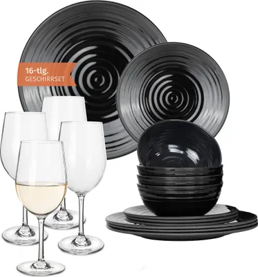 Obrázok produktu pre Melamínová sada kempingového riadu pre 4 osoby Stone Dark Black + 4 poháre na víno Timo White Ta Picnic BBQ Cookware