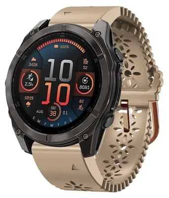A close-up studio shot of a smartwatch with a beige strap and a dark gray bezel, displaying various health and time metrics on its screen.