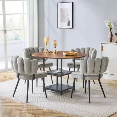 Immagine prodotto di Set tavolo e sedie, tavolo rotondo da pranzo di 107 cm, aspetto legno, doppio ripiano, 4 sedie imbottite, schienale decorato con motivi floreali (grigio, noce e nero)