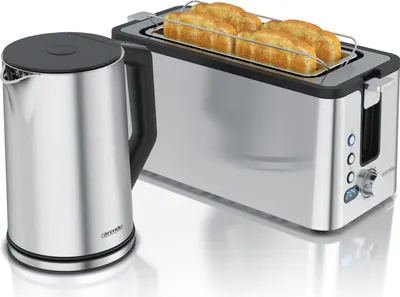 Immagine prodotto di Set da colazione Arendo in acciaio inox, bollitore con impostazione della temperatura 1,5l, tostapane a 4 fessure lunghe, tostapane a 4 fette, accessorio per panini, argento