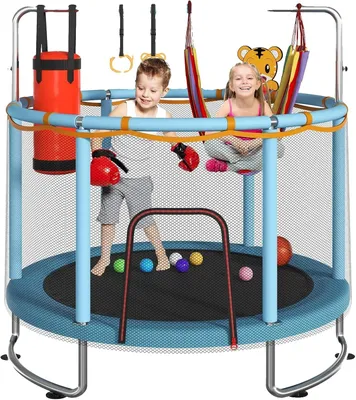 Image de Trampoline, filet de sécurité, barre de gymnastique réglable, bleu