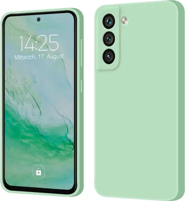 A product image showing a phone case for a Samsung Galaxy S21 in turquoise, displayed from the front and back.