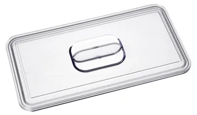 A clear plastic lid with a handle.