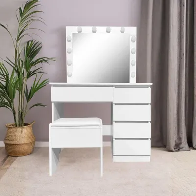 Immagine prodotto di Toeletta da trucco Aurora bianca lucida con specchio led e sgabello 94X43X140H