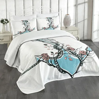Produktbild von ABAKUHAUS Anker Tagesdecke Set, Romantische Boho-Entwurfs-Skizze eines alten Ankers mit Rosen-schwarzer Tinten-Art, 220 x 220 cm, Hellblau
