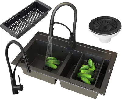 Immagine prodotto di Lavello Granitan | DUET - 2 scomparti - Nero - Granito di alta qualità - Con rubinetto da cucina e sifone