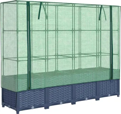 A greenhouse cover over a raised garden bed.