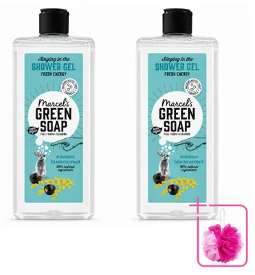 Imagen del producto de 2 unidades de gel de ducha "Marcel's Green Soap" con aroma a mimosa y grosella negra, 300 ml cada uno. Paquete económico