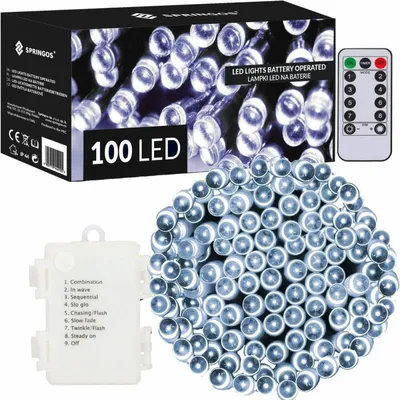 Obrázek produktu pro LED světelný řetěz - 10m, 100LED, 8 funkcí, ovladač, 3xAA, IP44, studená bílá