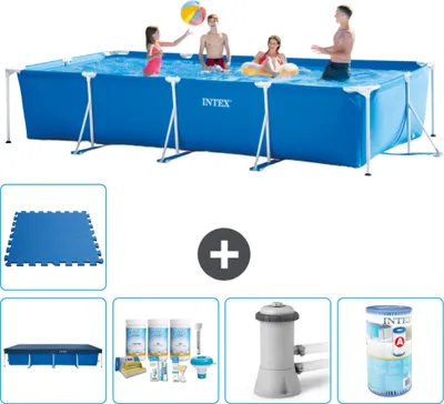 Produktbild von Intex-Schwimmbecken mit rechteckigem Rahmen – 450 x 220 x 84 cm – Blau – im Lieferumfang enthalten Abdeckung - Wartungspaket - Filterpumpe für Schwimmbad - Filter - Bodenfliesen