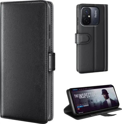 Produktbild von Echtleder Handyhülle für Xiaomi Redmi 12C Lederhülle Cover Case Tasche Klapphülle Fliphülle Leder Hülle Farbe: Schwarz