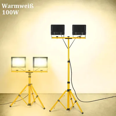 Produktbild von LILIIN 2x 100W LED Arbeitsfluter mit Stativ, warmweißes Licht, 3m Kabel, für Werkstatt, Garten, Baustelle