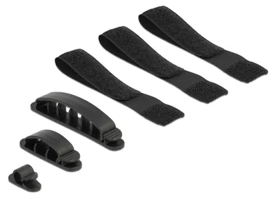 Produktbild von DeLOCK Kabelhalter und Klettband Set 6 Stück, Kabelhalter, Tisch/Wand, Kunststoff, Velcro, Schwarz